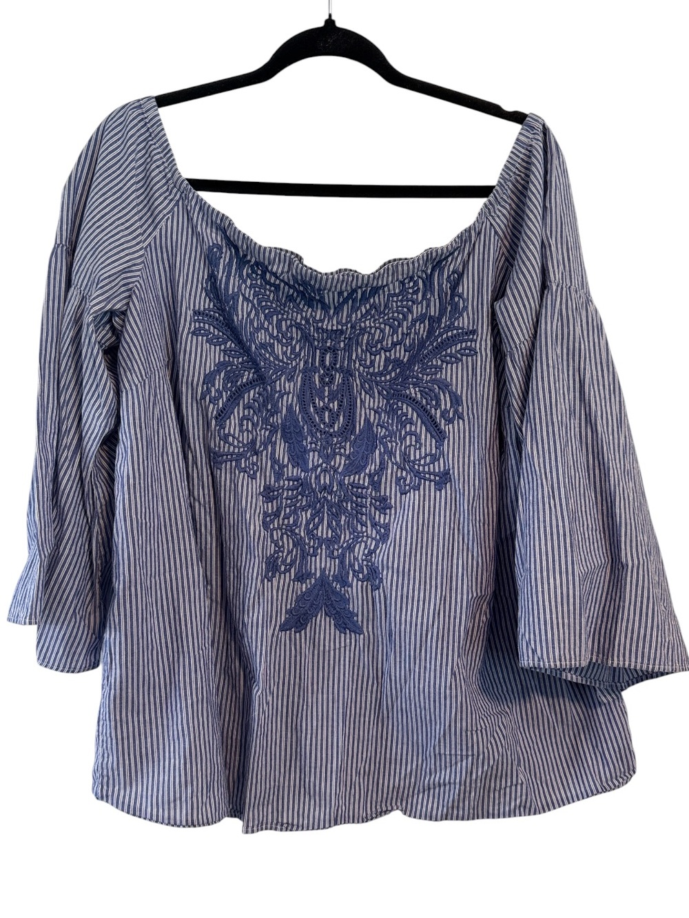 INC International Concepts Blue and White Striped Embroidered Top